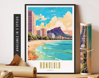 May include: A colorful illustration of Honolulu, Hawaii, with a beach, ocean, and cityscape. The text "HONOLULU" and "HAWAII" is displayed below the image.