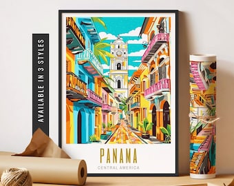 May include: A framed art print of a colorful street scene in Panama, Central America. The artwork features vibrant buildings in shades of yellow, blue, and pink, with a tall clock tower in the background. The print is available in 3 styles.