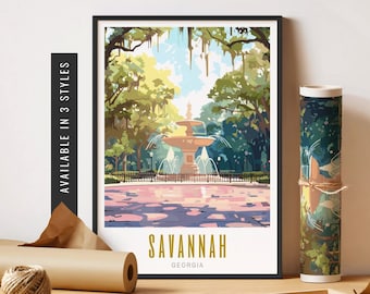 Savannah Georgia Art Print Forsyth Park Savannah GA Art Retro Savannah Travel Poster Georgia Wall Decor Unframed Poster Travel Art Printable
