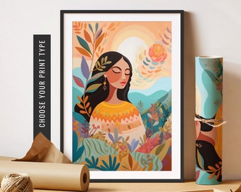 May include: A framed art print featuring a woman with closed eyes, surrounded by colorful foliage and a warm sunset. The artwork has a vibrant color palette of orange, yellow, blue, and green. The text "ink x Canvas Prints" is in the upper right corner, and "CHOOSE YOUR PRINT TYPE" is on the left.