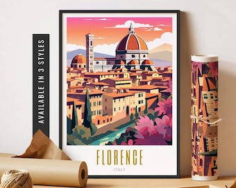 May include: A colorful illustration of the Florence skyline featuring the Duomo, a large cathedral with a dome, and other buildings. The text "FLORENCE ITALY" is at the bottom of the image.