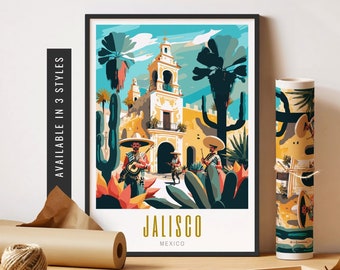 May include: A framed art print featuring a vibrant illustration of Jalisco, Mexico, with musicians, cacti, and a church. The print is in a black frame and includes the text "Jalisco Mexico". The words "Available in 3 styles" are also visible.