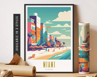 May include: A colorful illustration of the Miami skyline with palm trees and a beach. The text "Miami, Florida" is at the bottom of the image.