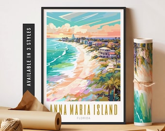 May include: A colorful illustration of Anna Maria Island, Florida. The image shows a beach with turquoise water, white sand, and palm trees. The text "Anna Maria Island" and "Florida" is displayed at the bottom of the image.