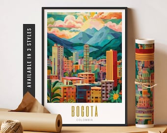 May include: A colorful geometric illustration of the city of Bogotá, Colombia. The illustration features a cityscape with buildings, mountains, and a sunset sky. The text "Bogotá" and "Colombia" are displayed below the illustration.