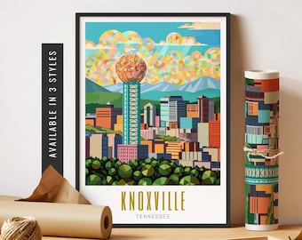 Może przedstawiać: Kolorowa geometryczna ilustracja panoramy Knoxville, z charakterystycznym Sunsphere. Tekst "Knoxville, Tennessee" jest wyświetlany pod ilustracją.