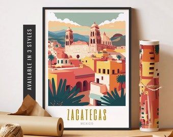 May include: A colorful illustration of the city of Zacatecas, Mexico. The illustration features a cityscape with buildings, a church, and palm trees. The text "Zacatecas, Mexico" is printed below the illustration.