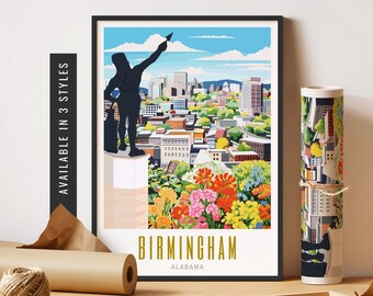 Arte mural de Birmingham, Alabama, arte del horizonte de Birmingham, arte vulcaniano de Birmingham, póster de Birmingham, Alabama, póster sin marco, arte de viaje, arte imprimible