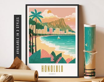 May include: A colorful illustration of Honolulu, Hawaii, with a pink and orange sunset sky, a mountain range, a beach, palm trees, and the text "HONOLULU, HAWAII".