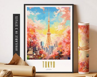 Tokyo Travel Poster Japan Travel Print Tokyo Poster Cherry Blossom Art Tokyo Tower Destination Prints Unframed Poster Travel Art Printable
