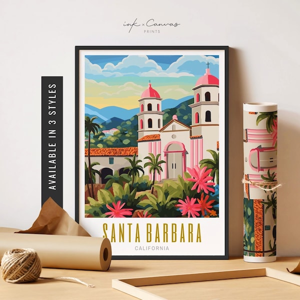 Santa Barbara Print Old Mission Santa Barbara Poster Retro California Print Santa Barbara Wall Art Unframed Poster Travel Art Printable Art