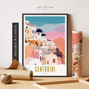 May include: A colorful illustration of Santorini, Greece, with white buildings and blue domes on a cliffside. The text "Santorini" and "Greece" is below the image.
