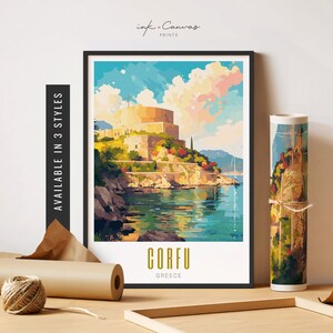 May include: A colorful painting of a fortress on a cliff overlooking a blue body of water. The painting is titled "Corfu, Greece".
