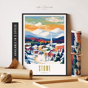 May include: A colorful illustration of a snowy village scene with a church steeple, mountains in the background, and the text "STOWE VERMONT".