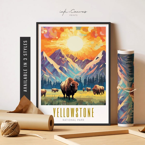 Yellowstone National Park Poster Buffalo in Yellowstone National Park Print Vibrant Colorful Wall Art Unframed Poster Travel Art Printable