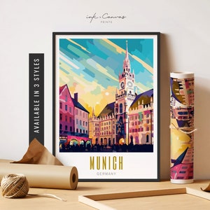 Munich Travel Poster Munich Travel Print Munich Wall Art Marienplatz Print Retro European Cities Prints Unframed Poster Travel Art Printable