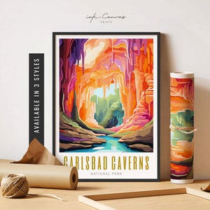 May include: A colorful illustration of Carlsbad Caverns National Park in New Mexico. The image features a cave with colorful rock formations and a small stream running through it. The text "Carlsbad Caverns National Park" is printed below the image.