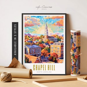 May include: A colorful paint-by-numbers style illustration of Chapel Hill, North Carolina. The image features a church steeple, buildings, and trees in a fall color palette. The text "Chapel Hill, North Carolina" is printed below the image.