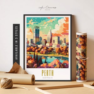 May include: A colorful illustration of the Perth skyline in Australia. The image features a cityscape with tall buildings, a river, and trees. The text "PERTH" and "AUSTRALIA" is displayed below the image.