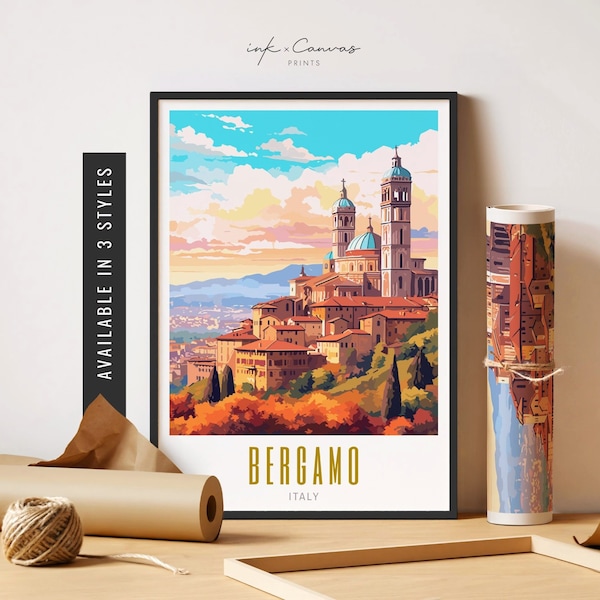 Bergamo Italy Travel Poster Bergamo Italy Print Bergamo Art Print Skyline Wall Art Retro City Wall Art Unframed Poster Travel Art Printable