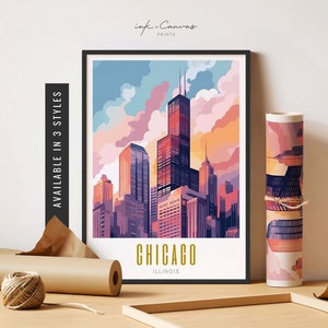 Chicago Illinois Art Print Chicago Travel Poster Chicago Skyline Wall Art Retro Destination Prints Unframed Poster Travel Art Printable Art