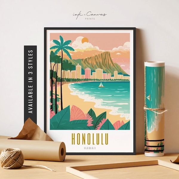 Honolulu Hawaii Poster Waikiki Beach Print Oahu Wall Art Waikiki Hawaii Diamond Head Art Hawaiian Print Unframed Poster Travel Art Printable