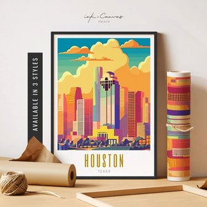 Houston Texas Poster Houston TX Print Retro Travel Poster Houston Texas Art Print Houston Skyline Unframed Poster Travel Art Printable Art