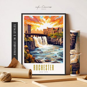 Rochester NY Wall Art High Falls Rochester New York Print Rochester NY Poster Retro City Travel Print Unframed Poster Travel Art Printable
