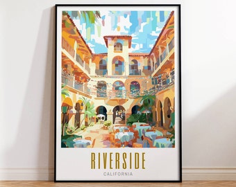 Riverside California Travel Poster Mission Inn Hotel Art Spanish Architecture Maximalist Decor Mid Century Modern Wall Art Unframed Prints