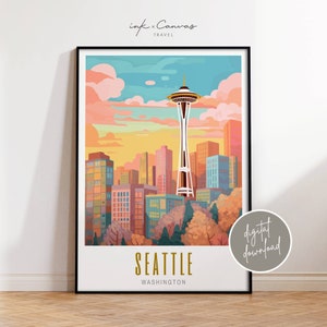 Retro Seattle Travel Poster Washington Wall Art Skyline US Travel Gifts Printable Art Vintage Wall Decor Trendy City Prints Digital Download