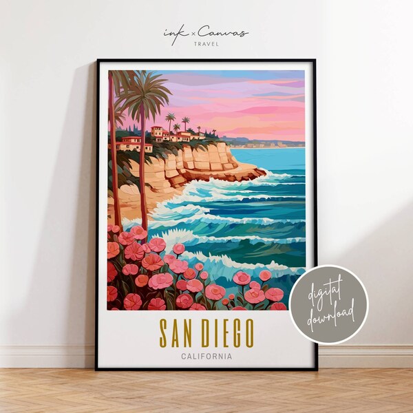 San Diego Travel Poster California Print Retro US Cities Prints San Diego Wall Art La Jolla Prints Mid Century Modern Decor Digital Download