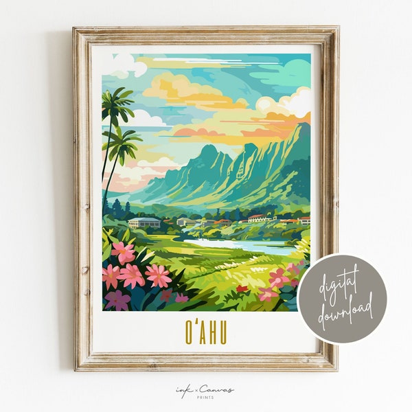 Oahu Hawaii Art | Digital Download | US Cities Print O'ahu Poster Tropical Art Hawaiian Gifts Maximalist Art Print Vibrant Colorful Wall Art