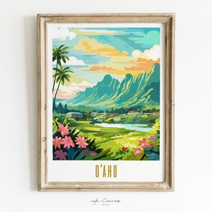 Oahu Hawaii Art | US Cities Print O'ahu Poster Tropical Art Hawaiian Gifts Maximalist Art Print Vibrant Colorful Wall Art | Unframed Poster