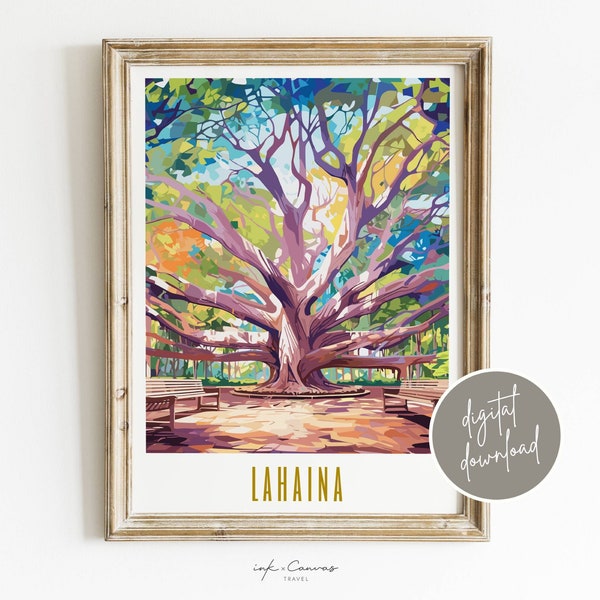 Lahaina Maui Affiche de voyage Banyan Tree Wall Art Lahaina Art Print Maui Hawaii Art Maximal Decor Mid Century Modern Wall Art Téléchargement numérique