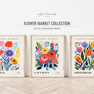 Flower Market Print Set of 3 Amsterdam Flower Market Paris Flower Market Print London Vintage Floral Print Set Unframed Poster Digital Print