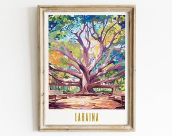 Lahaina Maui Travel Poster Banyan Tree Wall Art Lahaina Art Print Maui Hawaii Art Maximal Decor Mid Century Modern Wall Art Unframed Prints