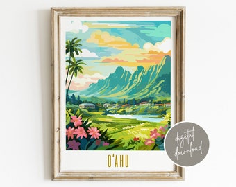 Oahu Hawaii Art | Digital Download | US Cities Print O'ahu Poster Tropical Art Hawaiian Gifts Maximalist Art Print Vibrant Colorful Wall Art