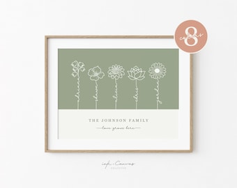 May include: A green and white printable wall art print with a family name, "The Johnson Family", and the text "Love grows here". The print features five stylized flowers with names written vertically along the stems: "Adriana", "Shawn", "Alice", "Chris", and "Garden".