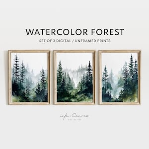 May include: Set of three framed watercolor prints featuring a forest scene. The artwork depicts tall evergreen trees in shades of green and blue, with a misty background. The text "WATERCOLOR FOREST" is displayed above the prints.