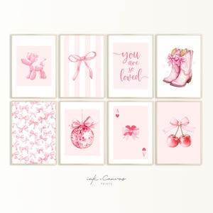 Set of 8 Pink Nursery Wall Art Prints Coquette Bow Printable Art Nursery Decor Pink Kids Room Watercolor Art Bundle Girls Nursery Wall Art