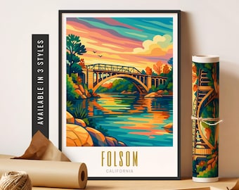 Póster de viaje de Folsom, California, arte de pared de destino de la ciudad de Folsom retro, decoración ecléctica colorida para el hogar, arte moderno sin marco, decoración de pared imprimible