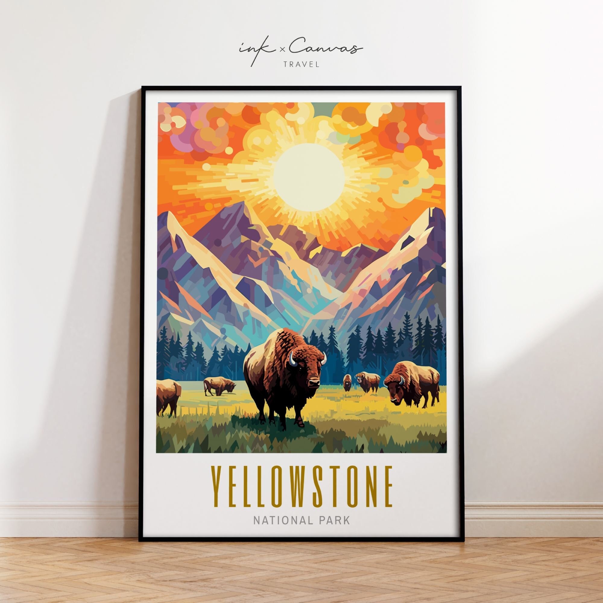 Tile Bison Engraving Art Buffalo America Yellowstone Decor Wildlife Nature