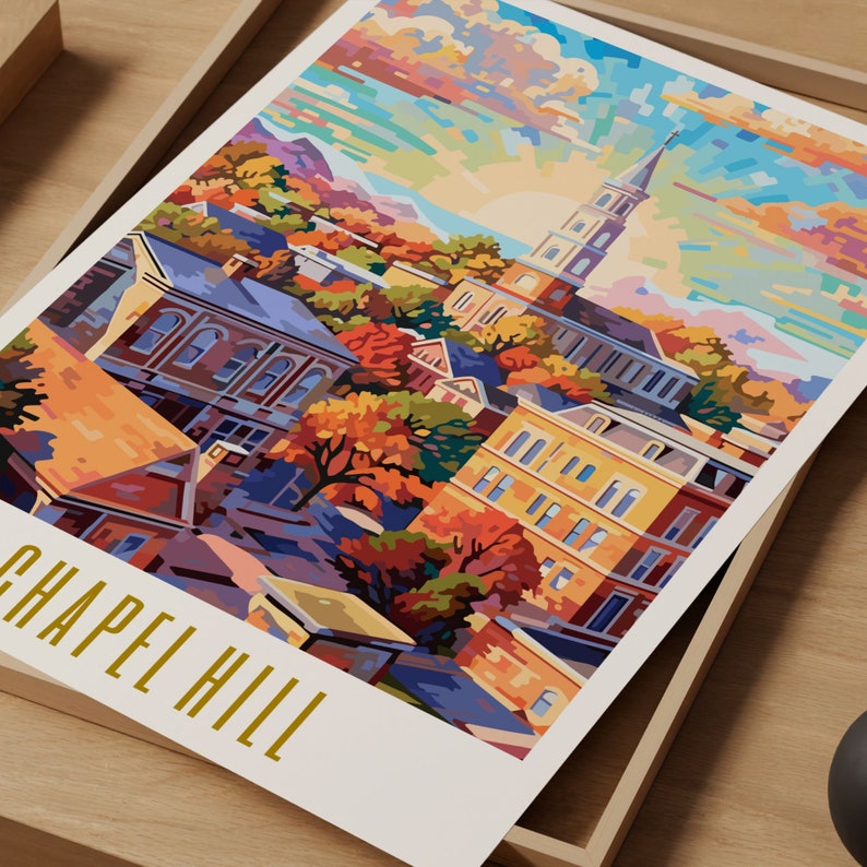 chapel hill poster, chapel hill print, chapel hill north carolina poster, chapel hill wall art, nc modern travel poster, retro travel print, city print, cities prints, vibrant wall art, landscape and scenery, destination poster, travel art print