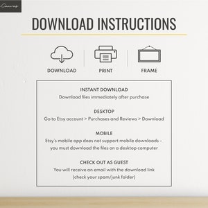 Download Instructions - instant download, files will be available for download after purchase. On desktop, go to your Etsy account, then Purchases and Reviews, then Download. No support on mobile yet. Check out as guest - you will receive an email