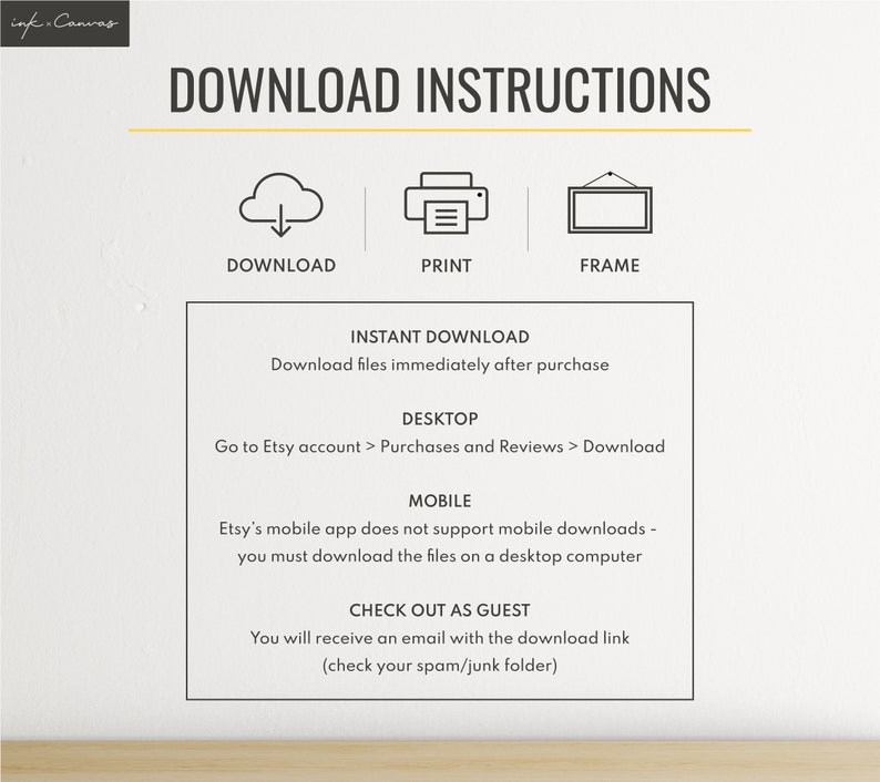 Download Instructions - instant download, files will be available for download after purchase. On desktop, go to your Etsy account, then Purchases and Reviews, then Download. No support on mobile yet. Check out as guest - you will receive an email