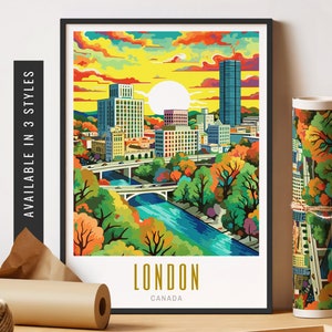 Affiche de voyage Londres, Ontario, impression d'art rétro Londres Canada, art mural canadien, impression de ville vintage, affiche sans cadre, art de voyage vibrant, imprimable