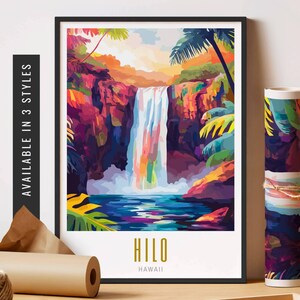 May include: A colorful illustration of a waterfall in a tropical jungle setting. The image features vibrant greens, blues, and purples, with a cascading waterfall flowing into a pool of water. The text "HILO HAWAII" is displayed at the bottom of the image.