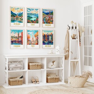 Europe travel poster gallery set of 25, portugal, london, madrid, tuscany, cologne, stockholm, azores, dublin, barcelona, paris, bavaria, interlaken, bruges, santorini, amalfi coast, rome, brussels, brasov, glasgow, amsterdam, berlin, prague, greece