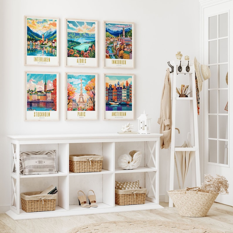 Europe travel poster gallery set of 25, portugal, london, madrid, tuscany, cologne, stockholm, azores, dublin, barcelona, paris, bavaria, interlaken, bruges, santorini, amalfi coast, rome, brussels, brasov, glasgow, amsterdam, berlin, prague, greece