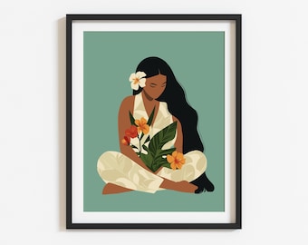 Boho Hawaiian Girl Print | Minimalist Home Decor | Eclectic Floral Wall Art | Aloha Vibes Poster | Available as a Digital or Unframed Print